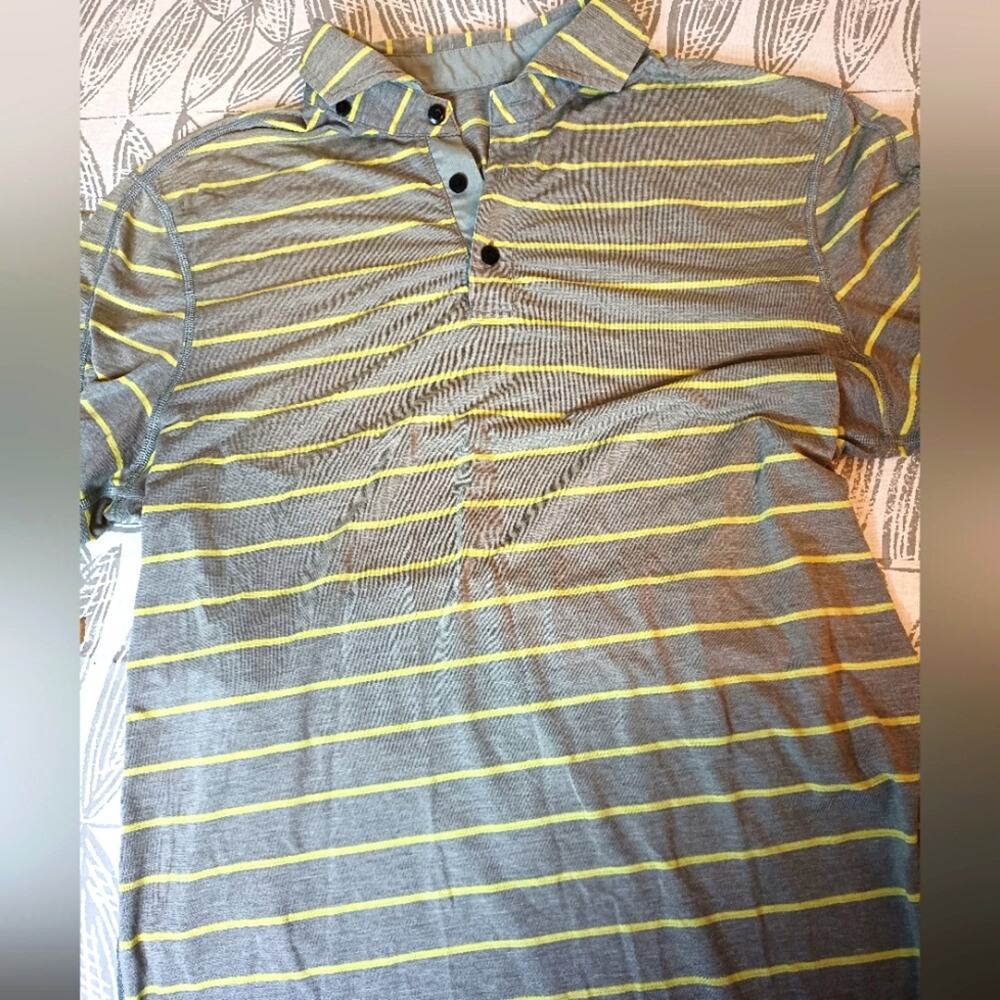 Lululemon Mens Evolution Striped Polo Shirt - Gray and Yellow